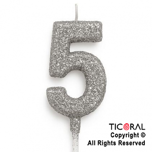 VELA NUMERAL CHICO 5.5 CM CON GIBRE PLATA NUMERO 5 x 1